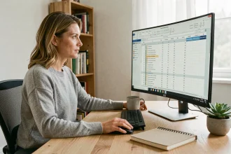 Femme en télétravail devant un grand écran de 32 pouces dans un bureau à domicile lumineux et organisé