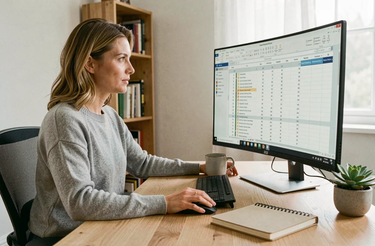 Femme en télétravail devant un grand écran de 32 pouces dans un bureau à domicile lumineux et organisé