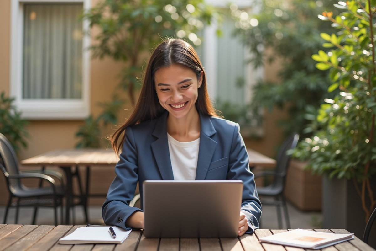 Femme en télétravail sur terrasse ensoleillée