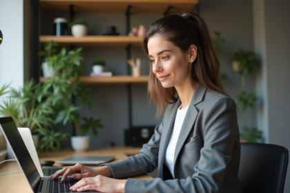 Femme en télétravail dans un bureau moderne et épuré