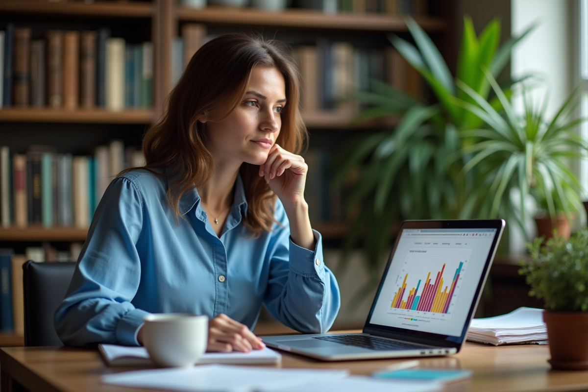 Femme concentrée travaillant sur un tableau de bord numérique