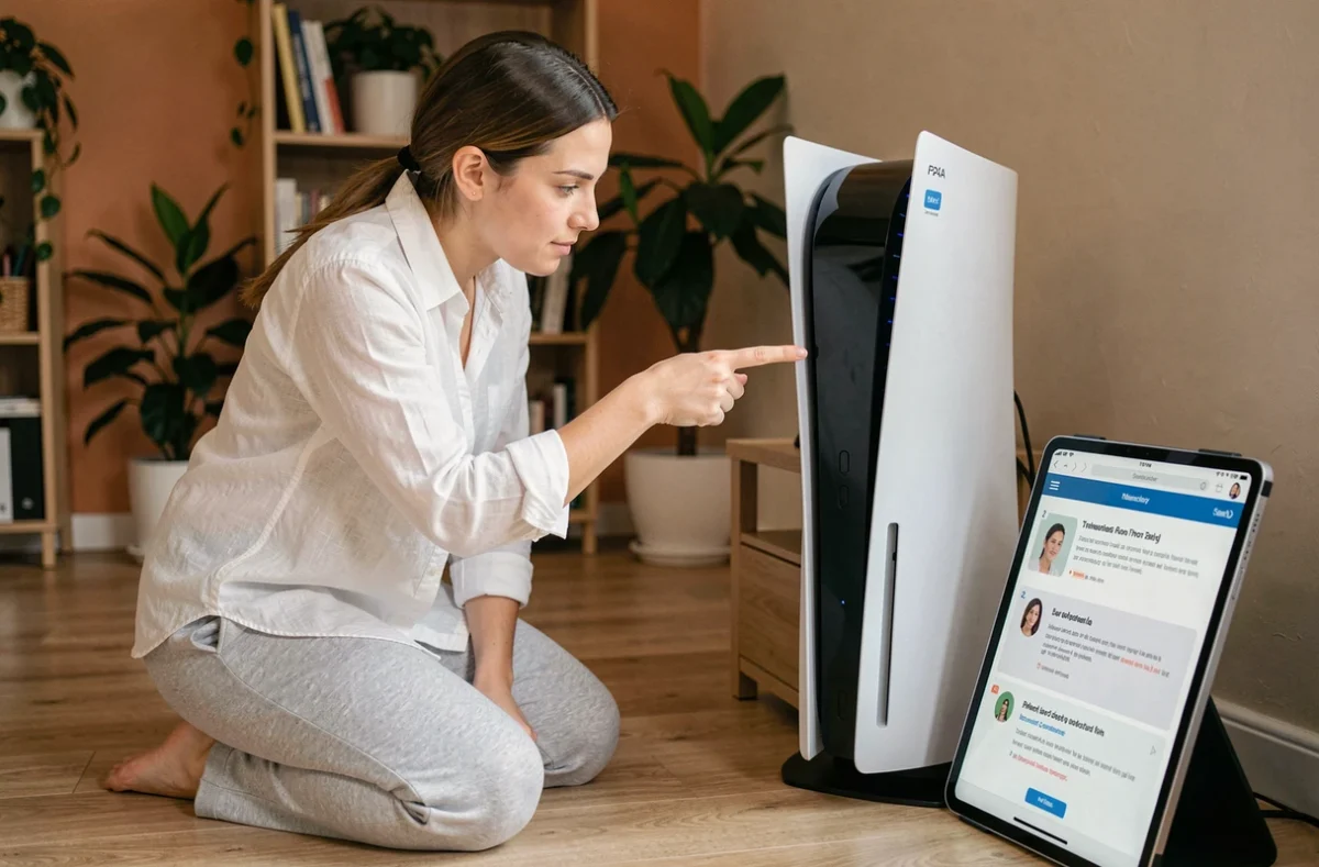 Femme consultant un tutoriel sur tablette pour désactiver la synthèse vocale de la PS5 posée sur un meuble TV dans un appartement