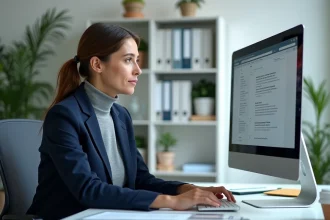 Femme enseignante consultant son webmail académique sur un ordinateur de bureau dans un bureau administratif professionnel