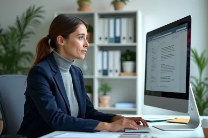 Femme enseignante consultant son webmail académique sur un ordinateur de bureau dans un bureau administratif professionnel
