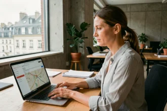 Femme utilisant un webmail sur ordinateur portable dans un bureau moderne avec vue sur une ville française
