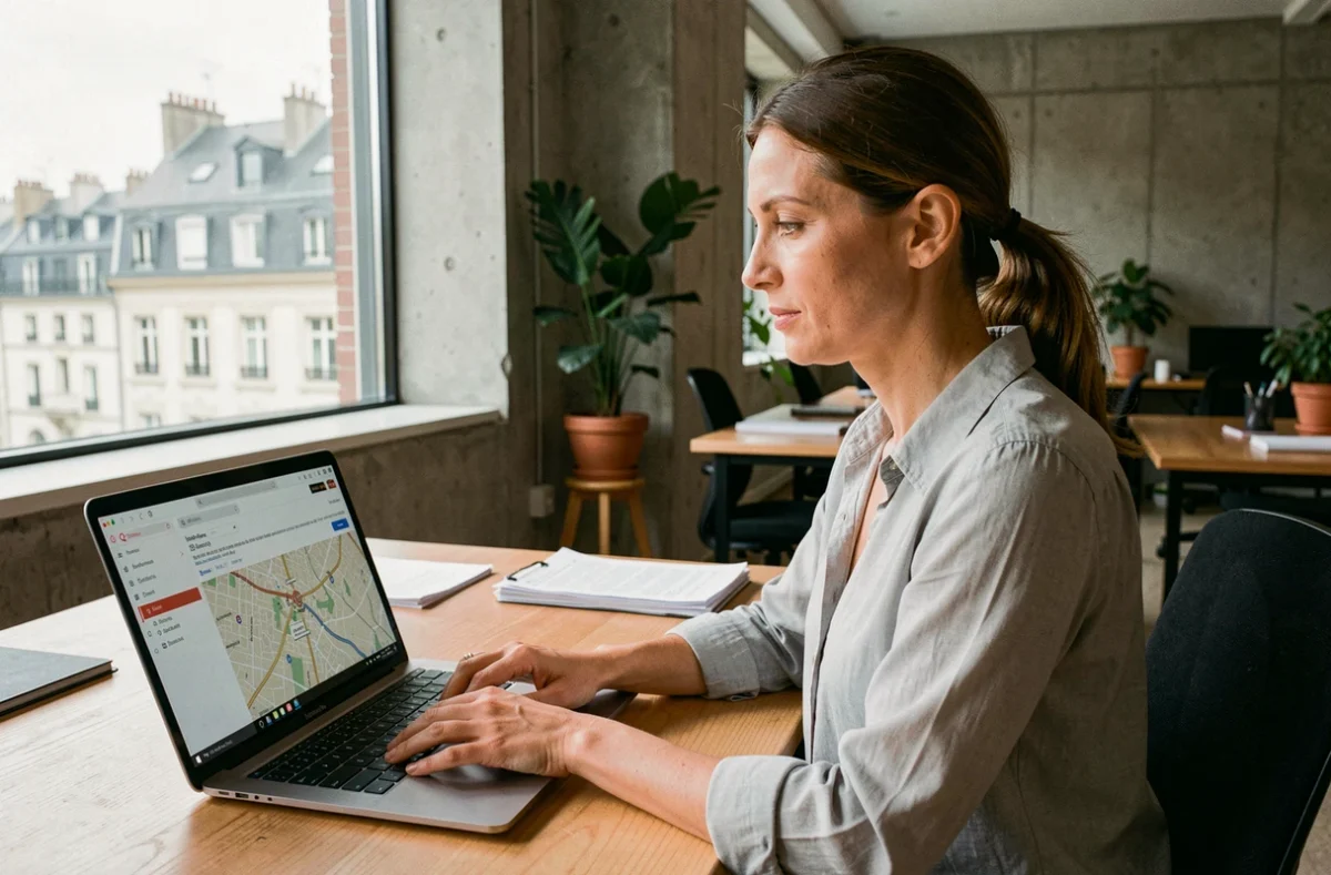 Femme utilisant un webmail sur ordinateur portable dans un bureau moderne avec vue sur une ville française