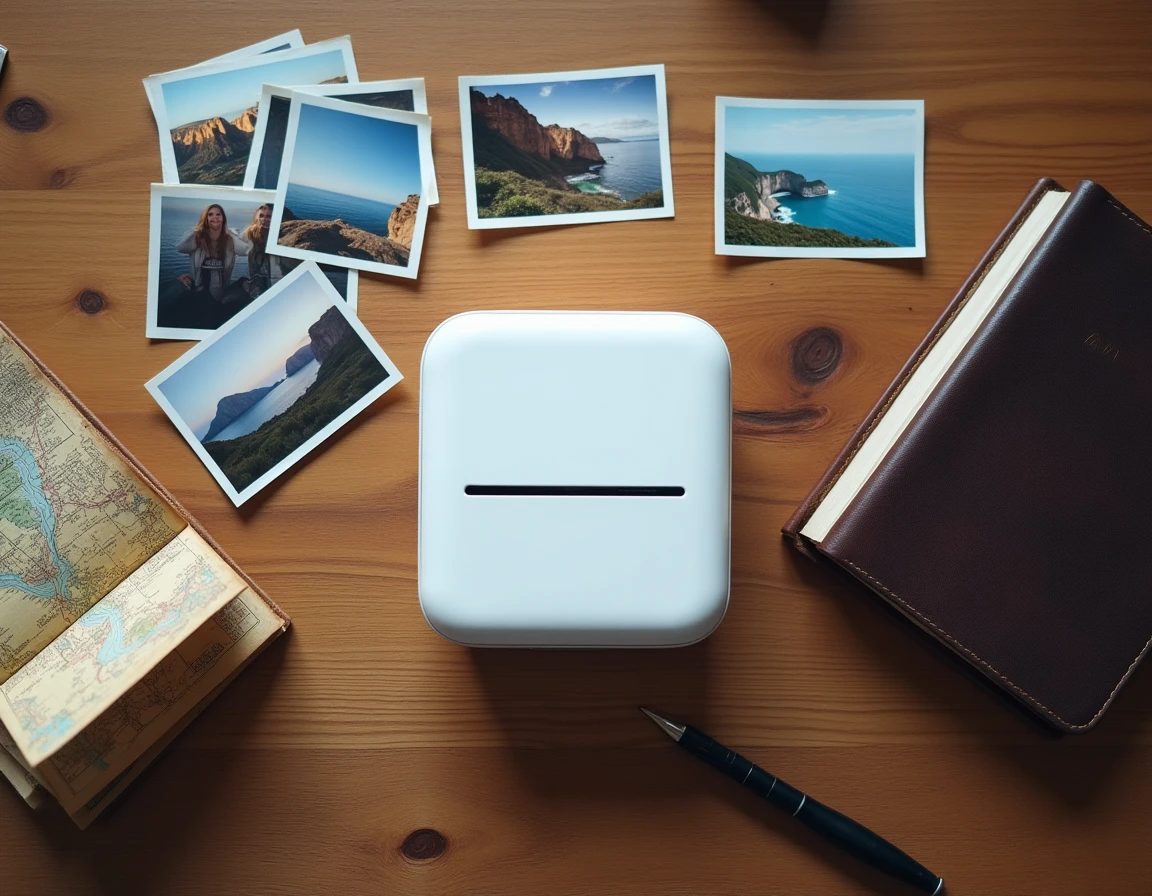 Flat lay d'une mini imprimante portable entourée de photos de voyage imprimées, passeport et journal sur un bureau en bois
