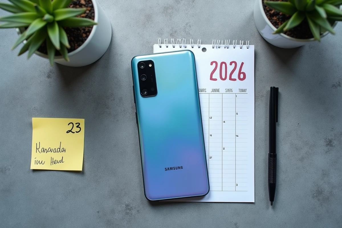 Flat-lay du Samsung Galaxy A51 avec calendrier 2026 illustrant la fin du support et des mises à jour
