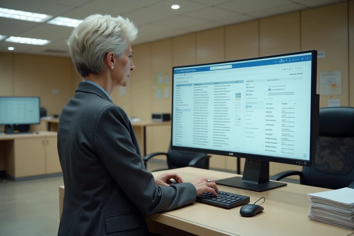 Femme fonctionnaire utilisant l'interface de messagerie Mélanie 2 pour organiser ses courriels dans un bureau administratif