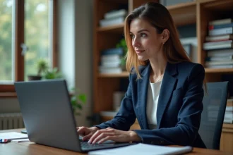 Fonctionnaire en télétravail utilisant la messagerie sécurisée Melanie2 sur ordinateur portable depuis son bureau à domicile