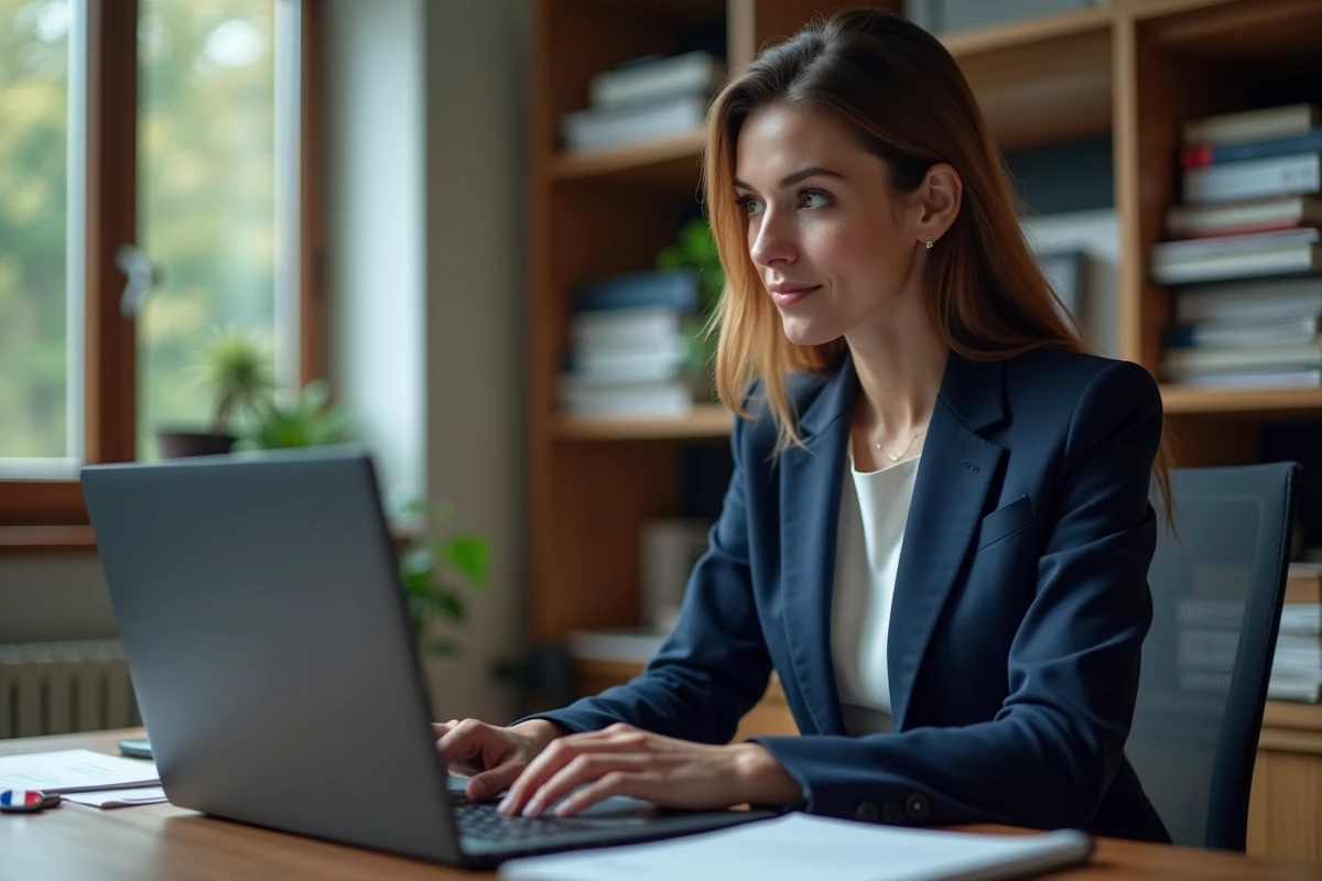 Fonctionnaire en télétravail utilisant la messagerie sécurisée Melanie2 sur ordinateur portable depuis son bureau à domicile