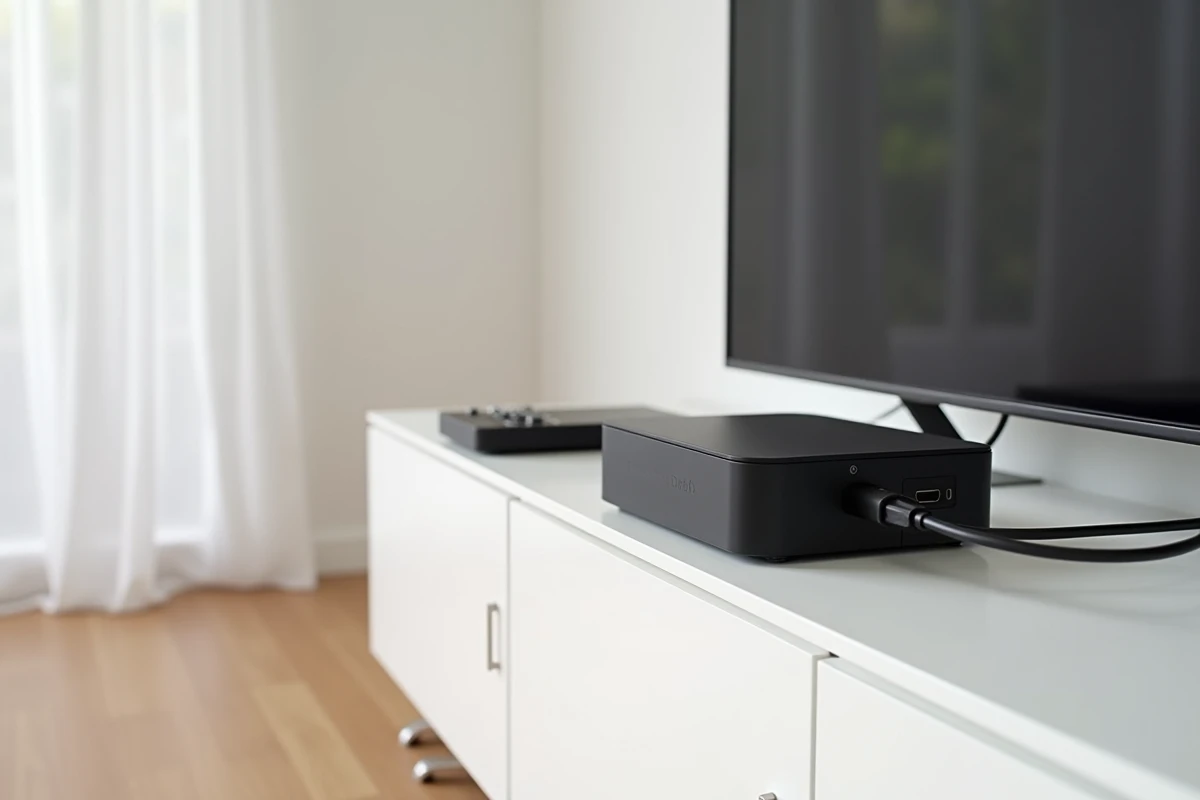 Freebox Delta et disque dur externe connectés sur un meuble TV, configuration matérielle pour les enregistrements
