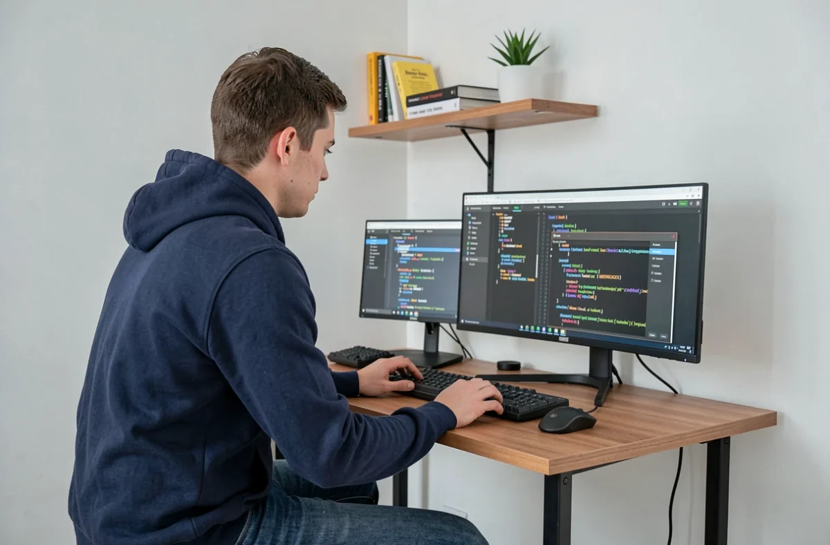 Développeur freelance travaillant seul sur une application mobile dans un bureau minimaliste, représentant Freelanceweb16