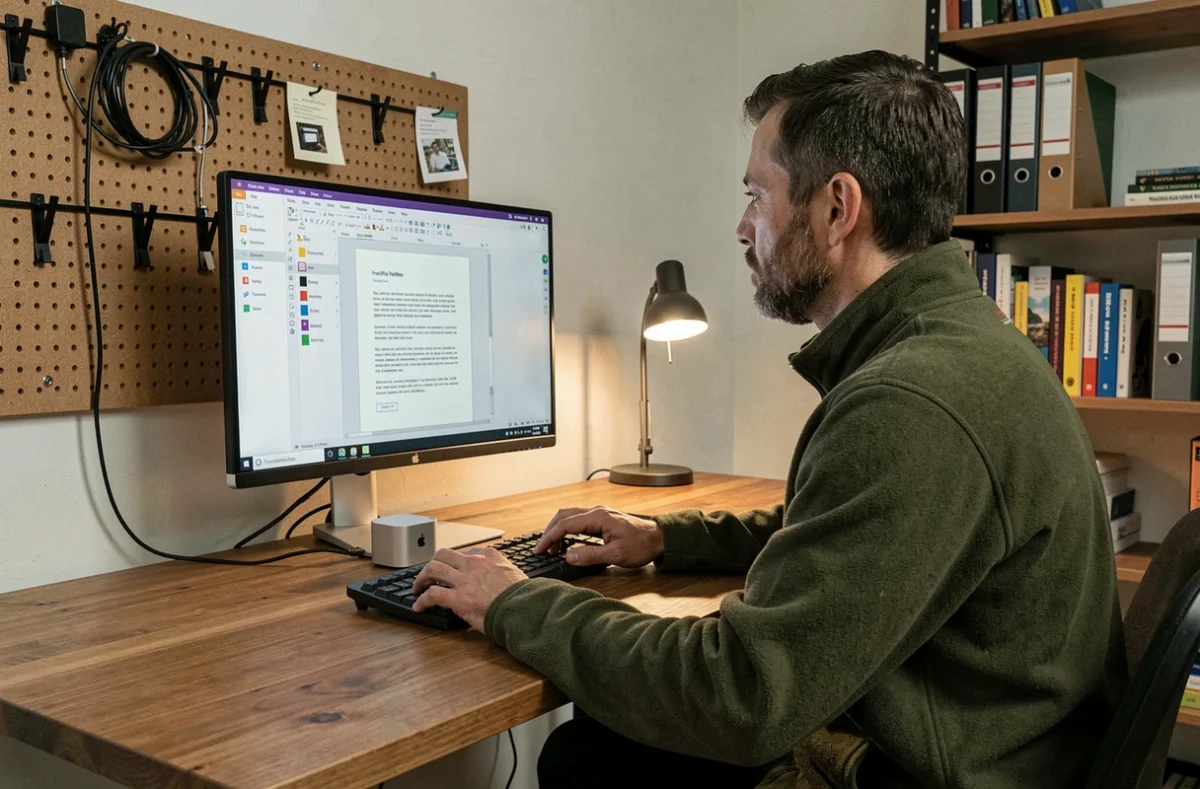 Un homme utilise FreeOffice TextMaker sur un Mac mini connecté à un écran externe dans un petit bureau à domicile organisé