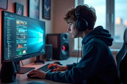 Jeune gamer concentré sur son écran en chambre urbaine