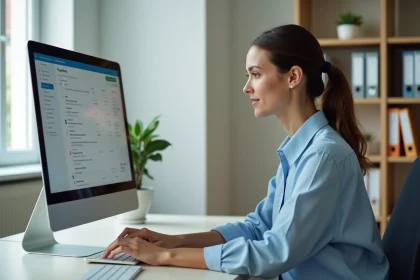 Femme utilisant le carnet d'adresses du webmail académique sur un ordinateur de bureau dans un bureau administratif