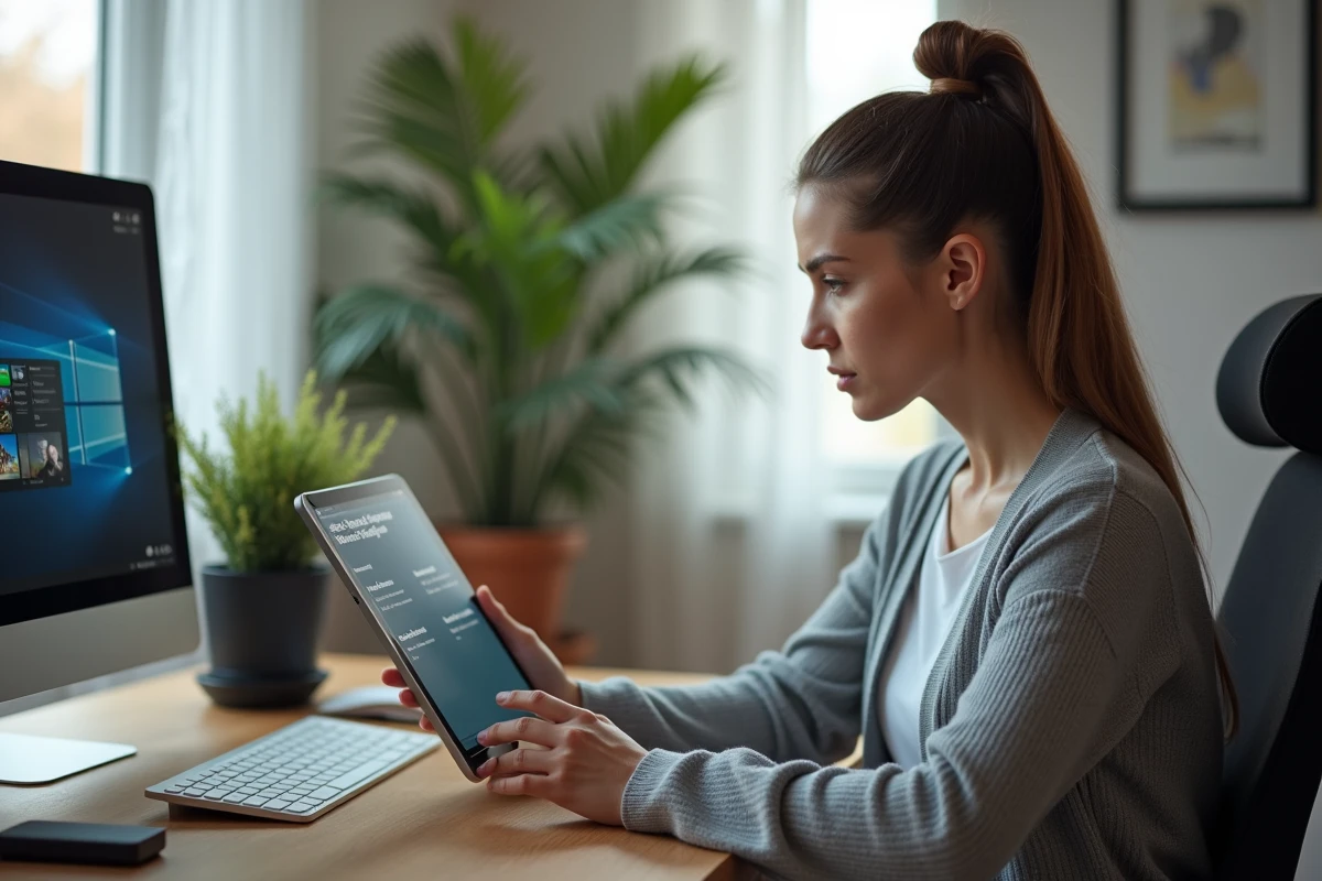 Femme gérant les enregistrements Freebox depuis l'interface mafreeboxos sur une tablette dans un bureau à domicile