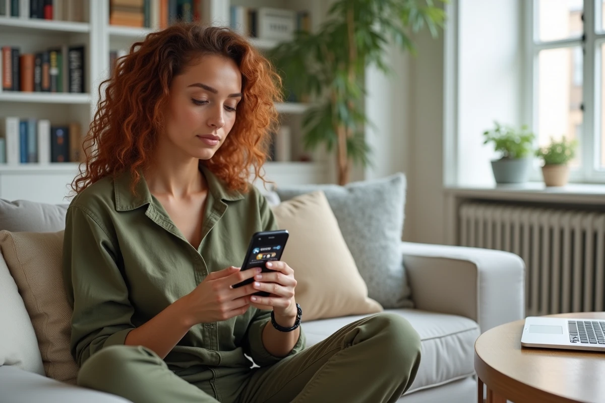 Jeune femme consultant une page de liens bio sur smartphone dans un espace de travail à domicile, illustrant la gestion de l'écosystème social