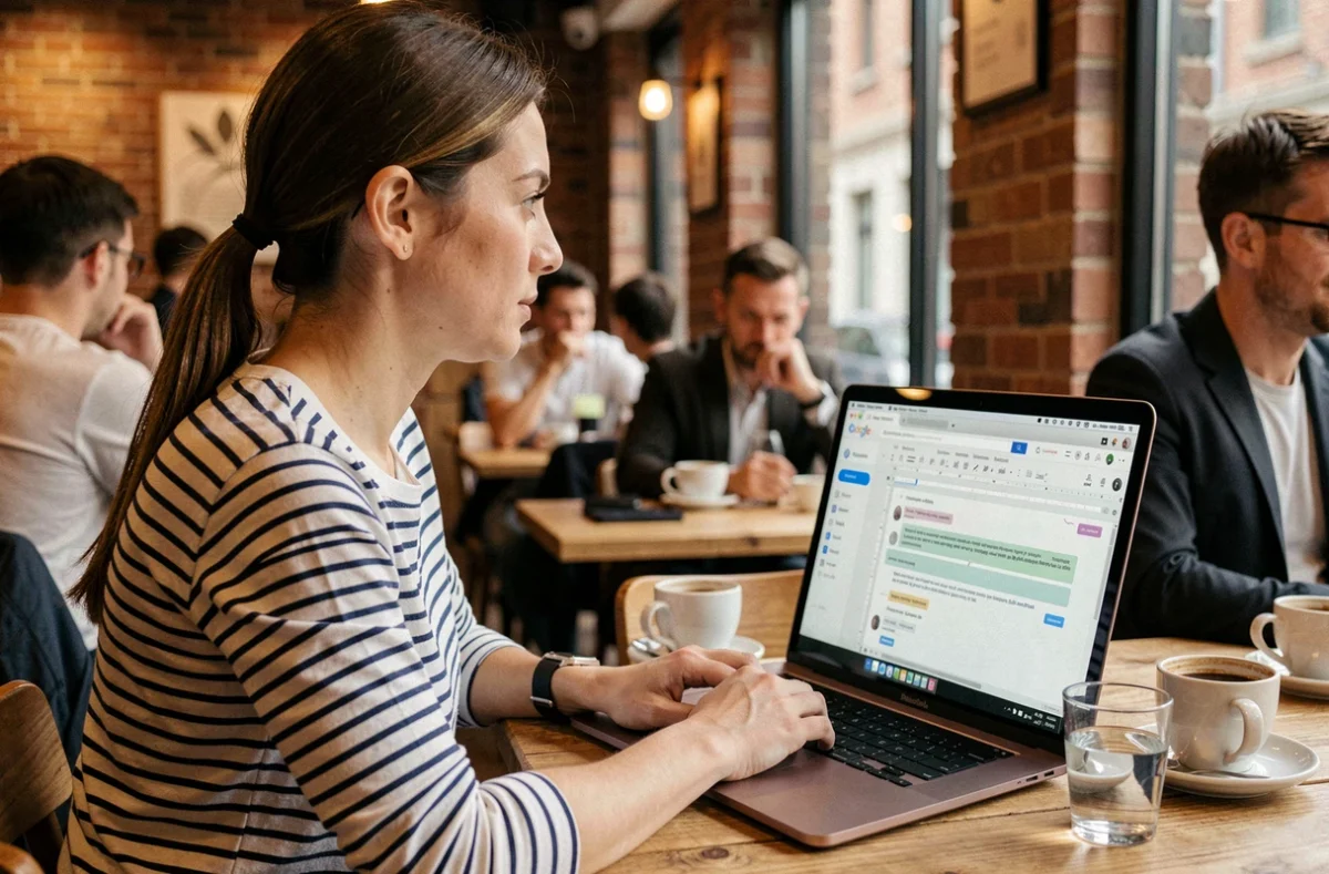 Une femme travaille sur Google Docs dans un navigateur sur un MacBook Pro dans un café branché