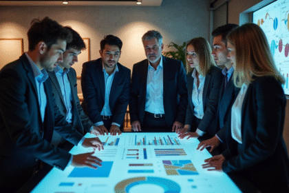 Groupe de professionnels collaborant autour d'une table digitale