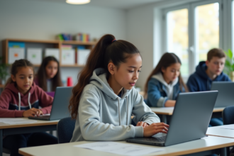 Groupe d'adolescents en classe moderne utilisant des ordinateurs