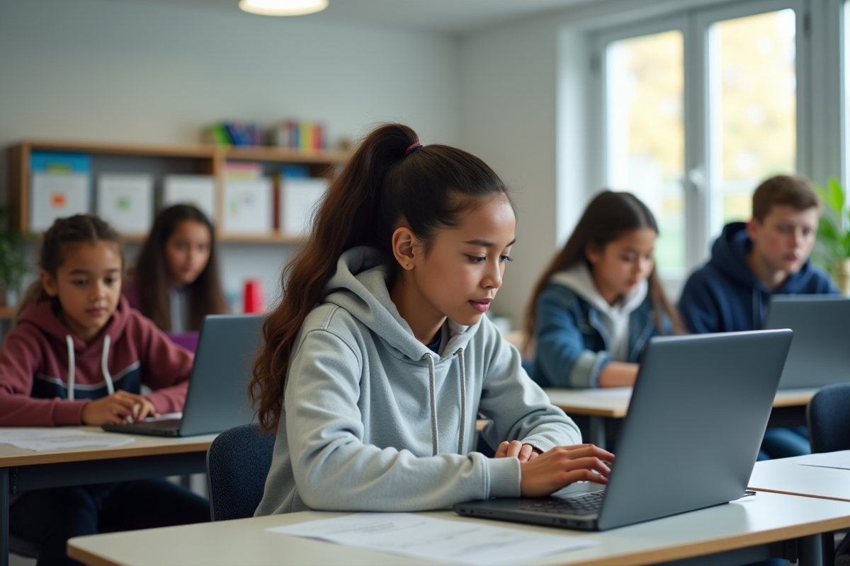 Groupe d'adolescents en classe moderne utilisant des ordinateurs