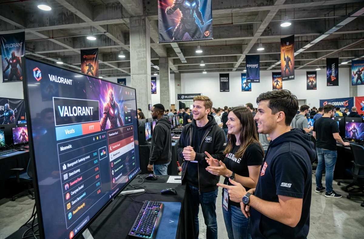 Groupe de joueurs en train de comparer les statistiques de joueurs entre Valorant, TFT et League of Legends lors d'un événement LAN esports