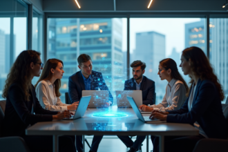 Groupe de professionnels autour d'une table avec hologramme IA