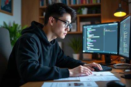 Jeune homme concentré dans son bureau de hacker