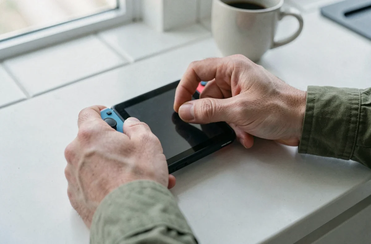 Mains adultes effectuant un hard reset sur une Nintendo Switch en maintenant les boutons enfoncés sur un comptoir de cuisine blanc