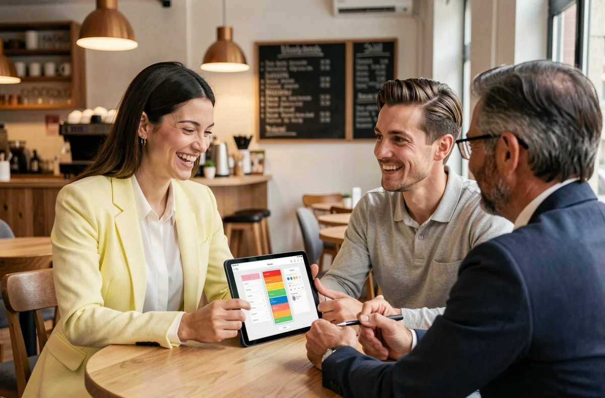 Chef de projet de Hello Pomelo présentant un prototype d'application mobile à un client dans un espace de coworking chaleureux