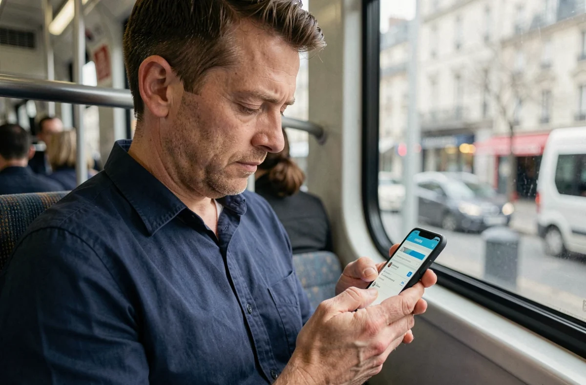 Homme consultant ses emails sur smartphone dans les transports en commun d'une ville française