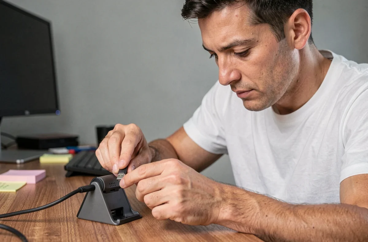Homme branchant un câble USB-C sur une Nintendo Switch posée sur son dock pour résoudre un problème de démarrage