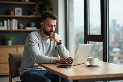 Homme d'âge moyen travaillant sur son ordinateur dans un appartement moderne