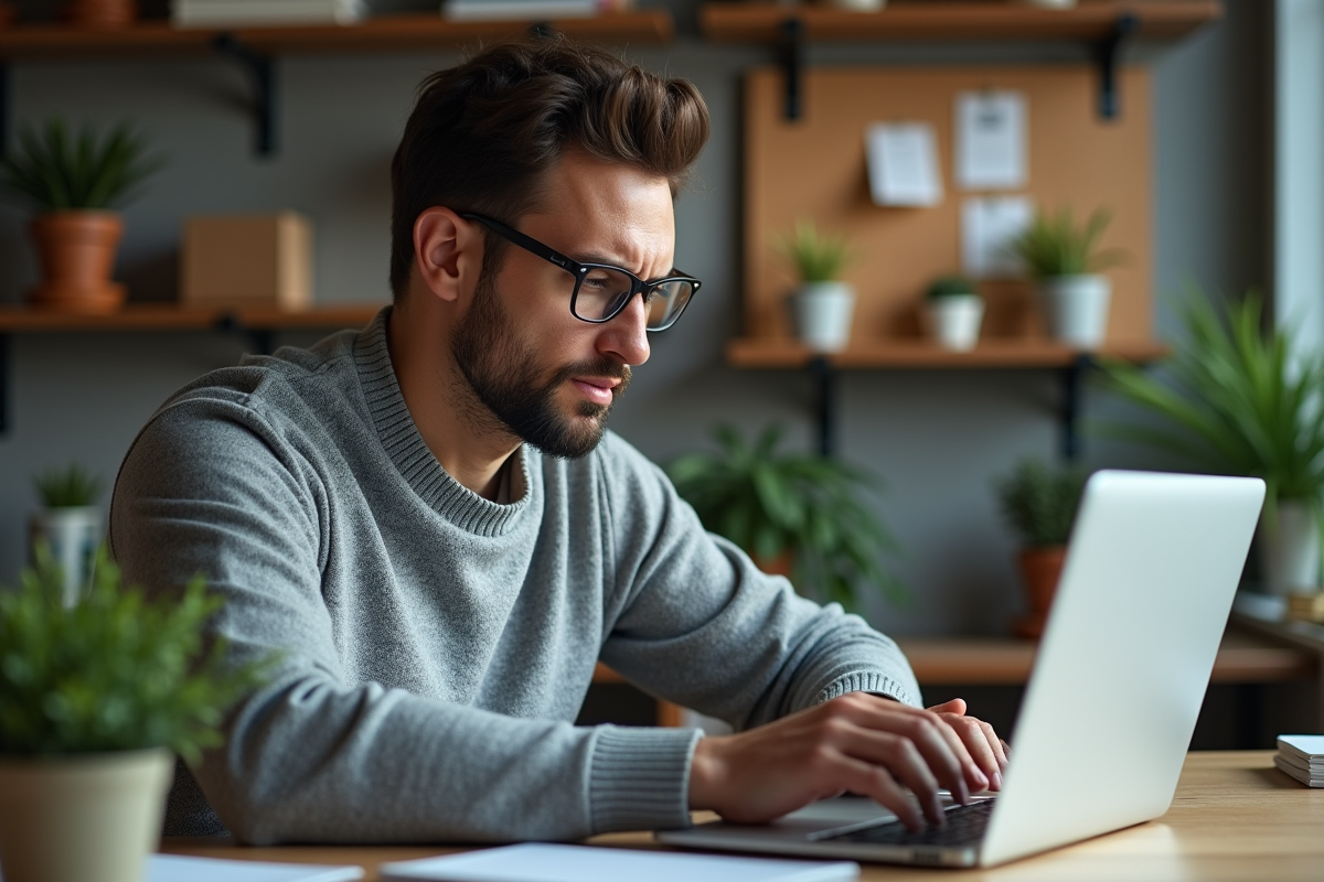 Homme en sweater regardant son ordinateur au bureau