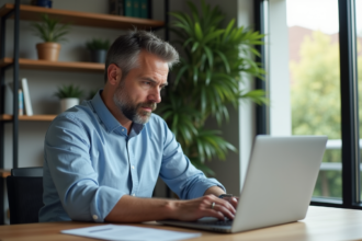 Homme d'affaires vérifiant un email suspect sur son ordinateur