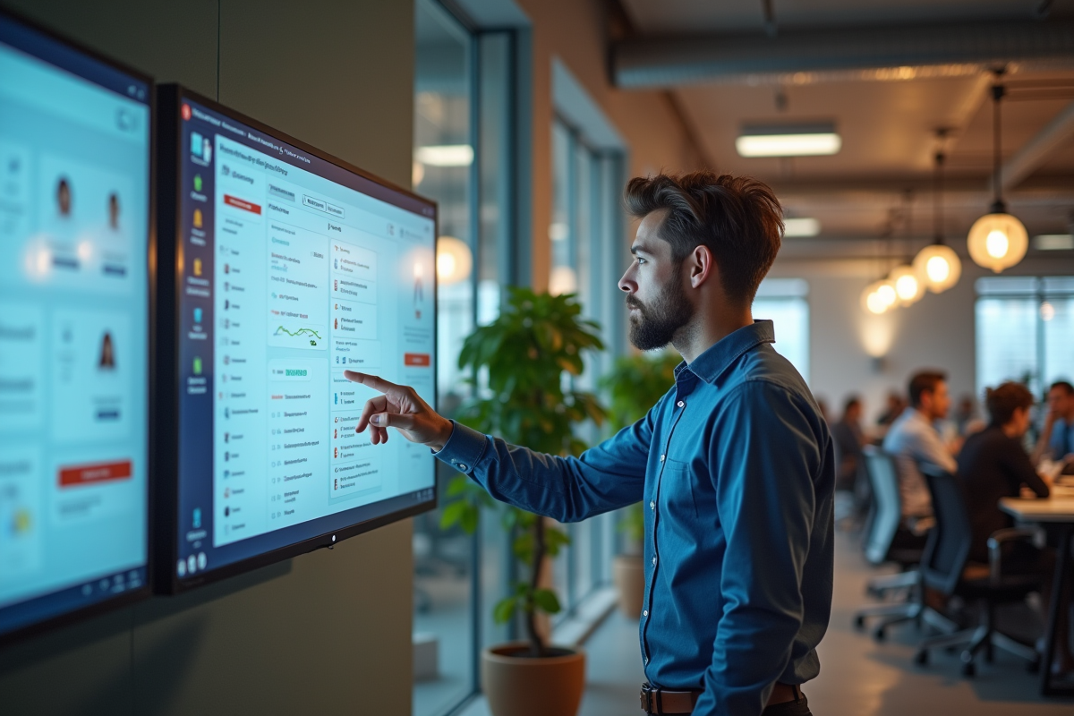 Jeune homme expliquant un tableau de bord chatbot en équipe