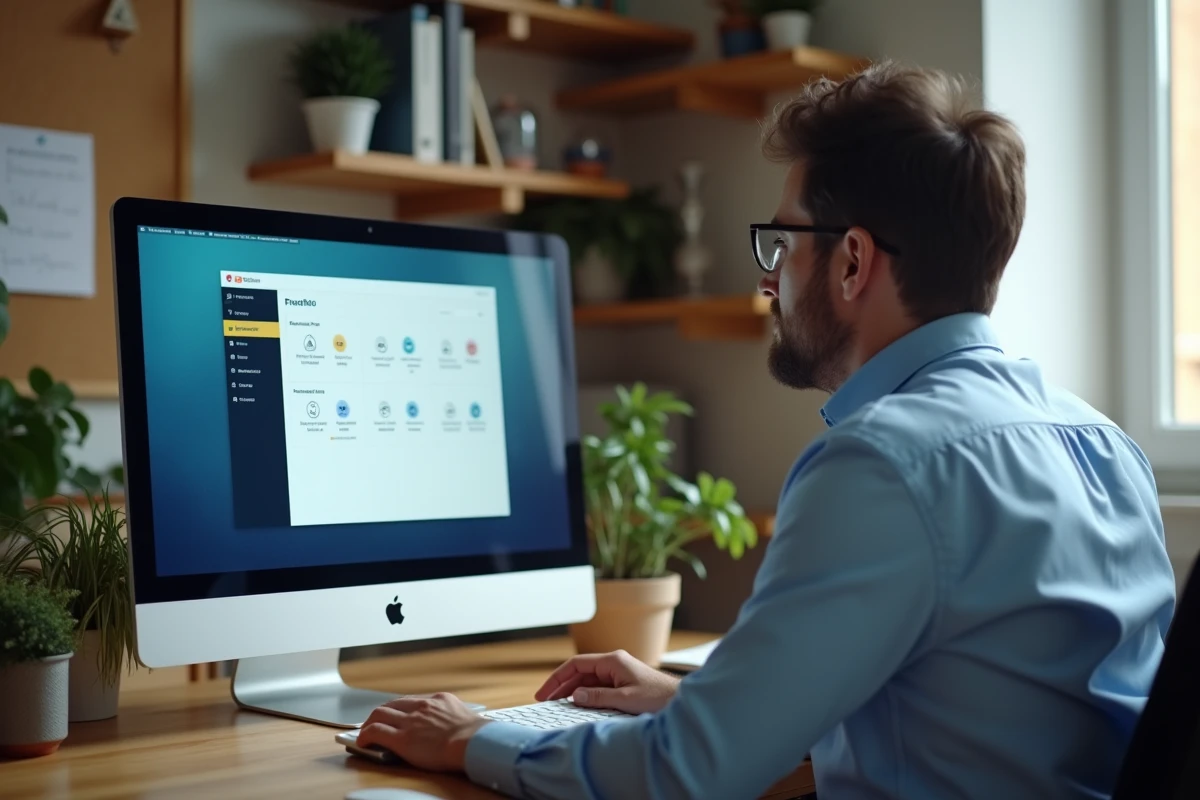Homme consultant son espace abonné Freebox sur un ordinateur de bureau pour retrouver son mot de passe WiFi à distance