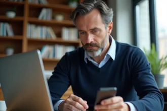 Homme d'âge moyen en tenue casual dans un bureau à domicile