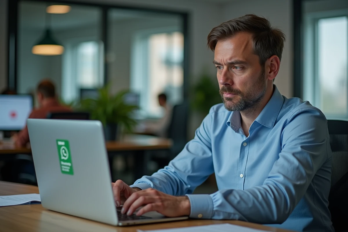 Homme d age moyen regarde son chat WhatsApp sur son ordinateur