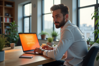 Homme en bureau moderne utilisant un ordinateur portable
