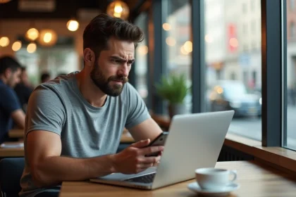 Homme frustré dans un café cherchant son mot de passe WiFi Freebox sur son téléphone et son ordinateur portable