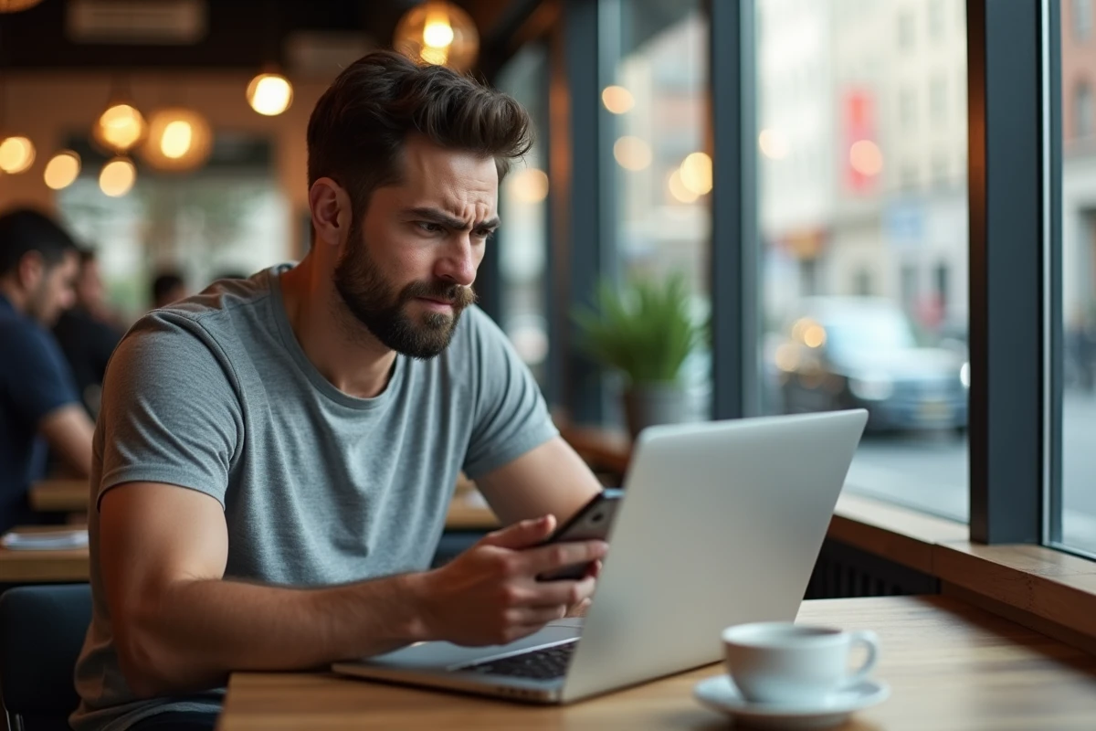 Homme frustré dans un café cherchant son mot de passe WiFi Freebox sur son téléphone et son ordinateur portable