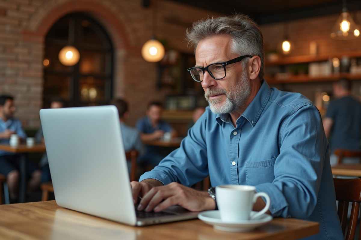 Homme en café configurant sa messagerie sur son ordinateur portable