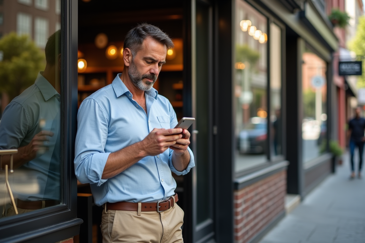 Homme dehors au café regardant son smartphone en ville