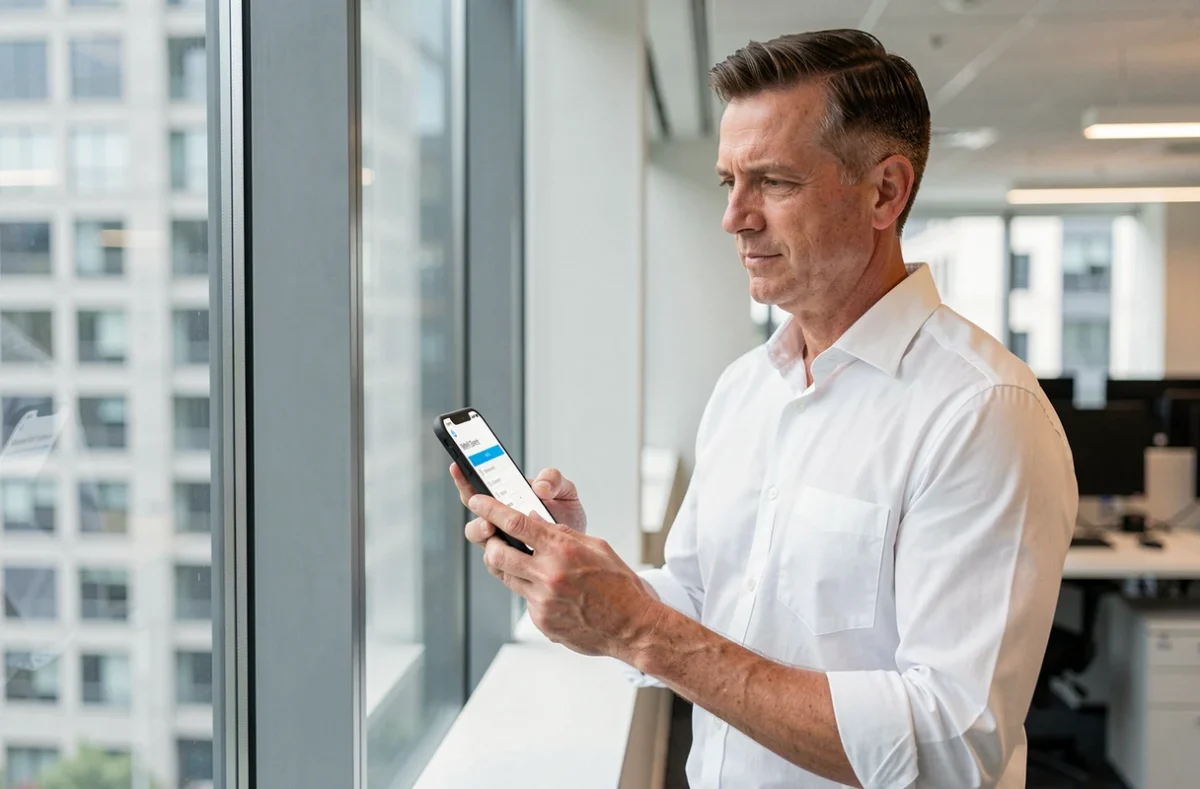 Homme configurant son accès webmail sur iPhone dans un bureau à Nantes