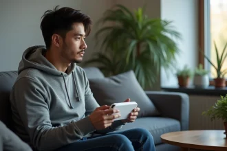 Homme jouant sur une console portable Sony compatible PS5 dans un salon moderne