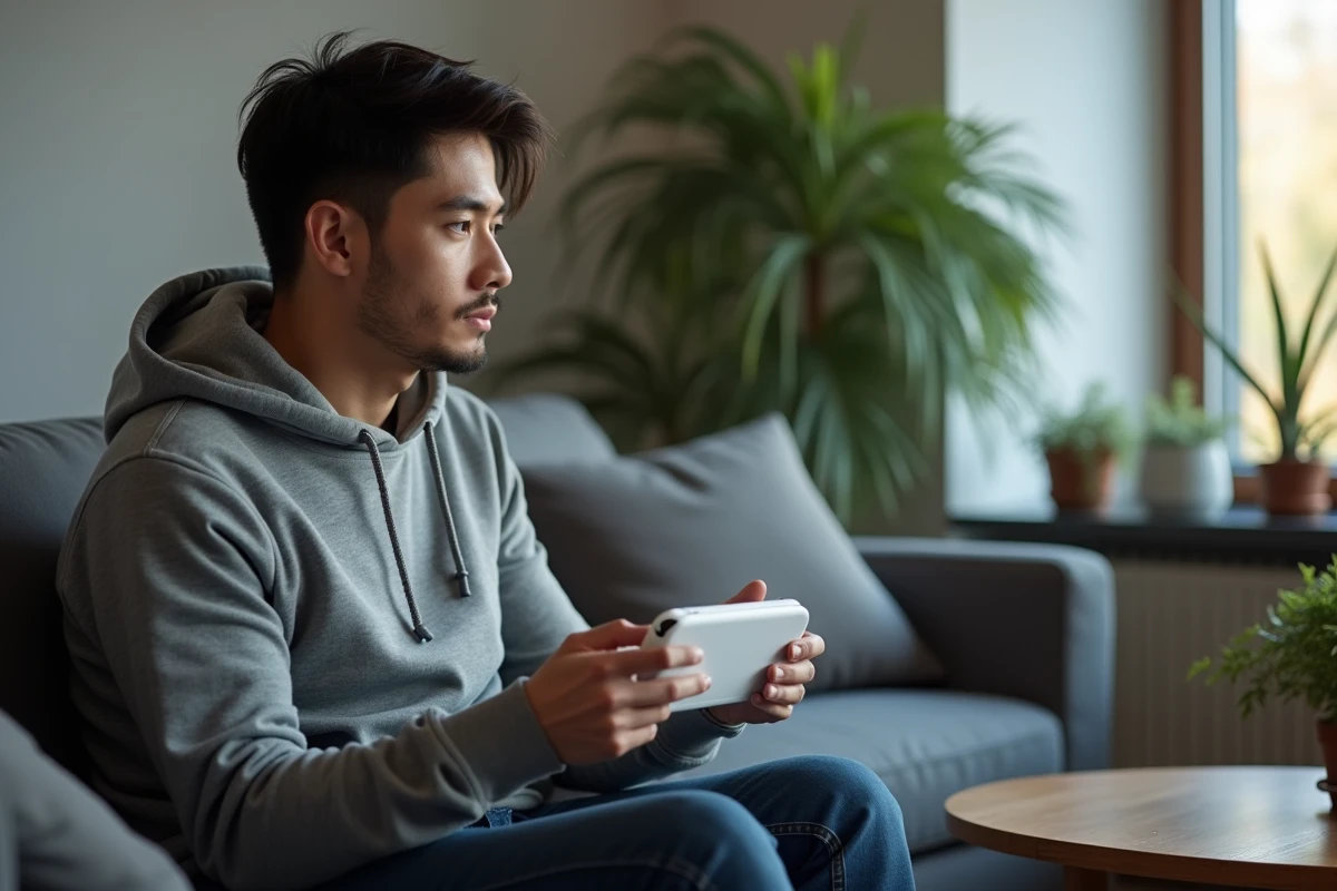Homme jouant sur une console portable Sony compatible PS5 dans un salon moderne
