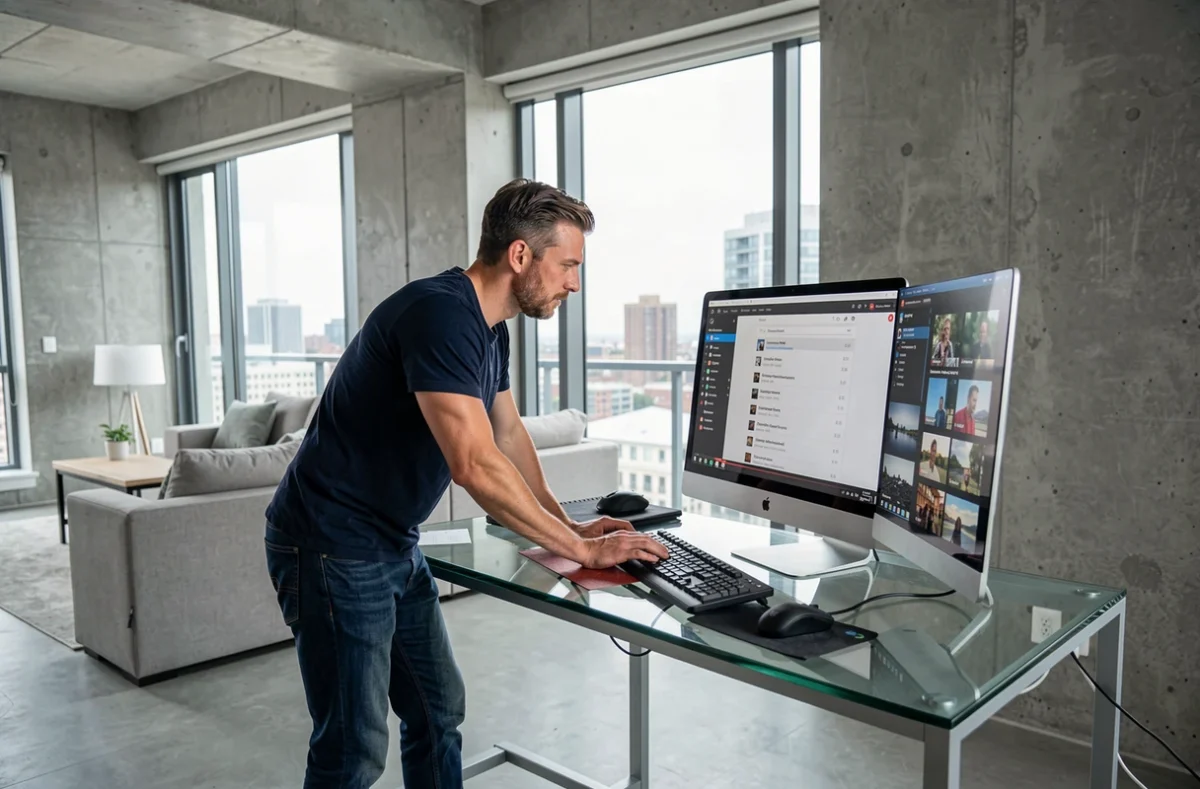 Homme convertissant une vidéo YouTube en MP4 sur un ordinateur de bureau dans un appartement moderne
