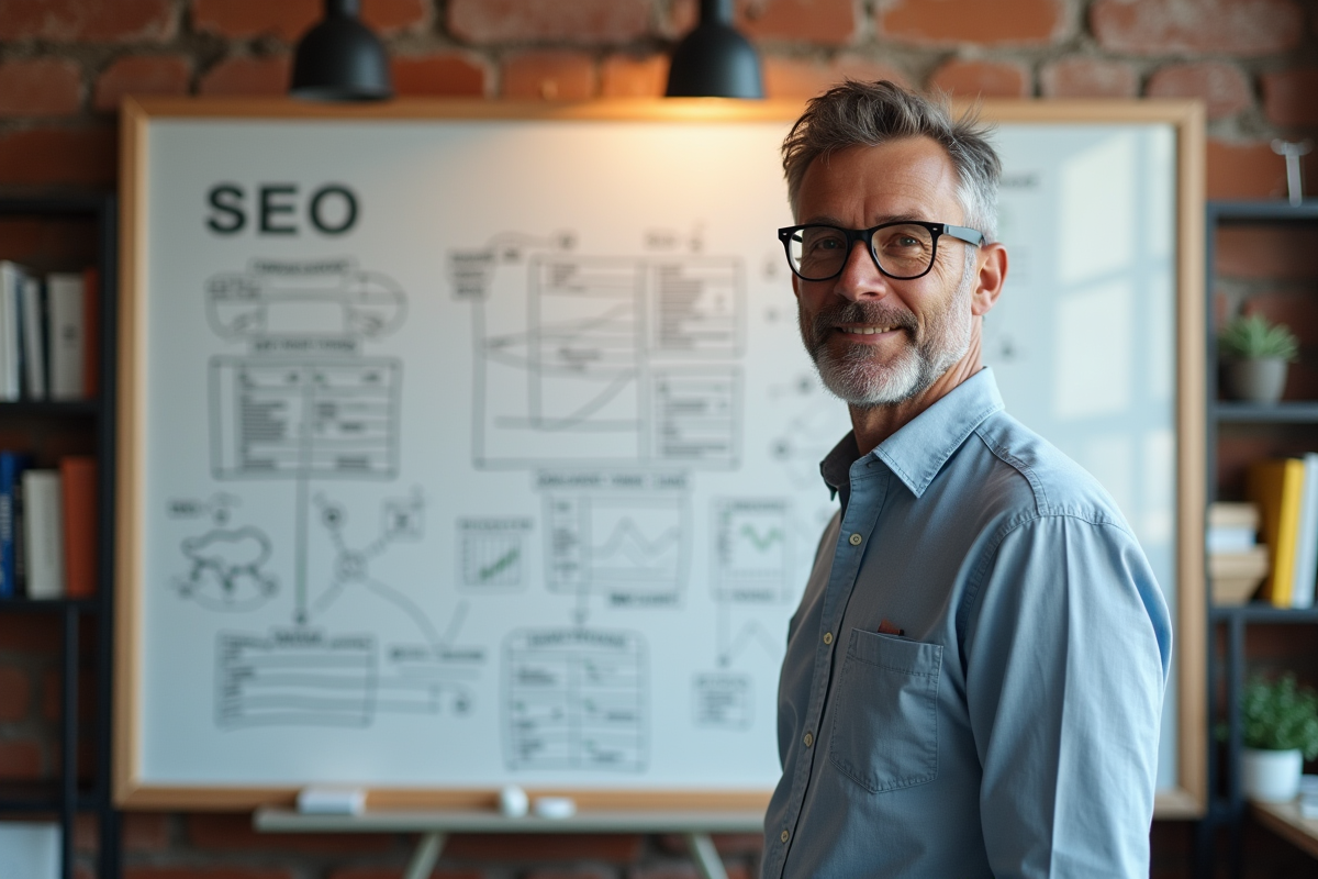 Homme en chemise avec tableau blanc de diagrammes SEO dans un espace coworking
